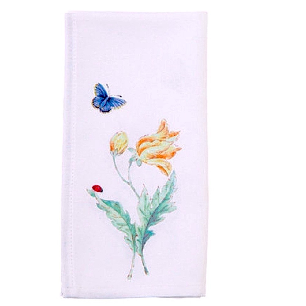 SET OF Butterfly Flower White Cloth Napkin Set 2 NEW